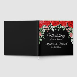 Elegant zwart en rood bloemen bruiloft gastenboek