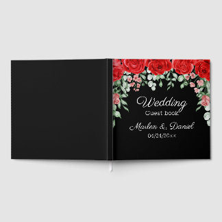 Elegant zwart en rood bloemen bruiloft gastenboek
