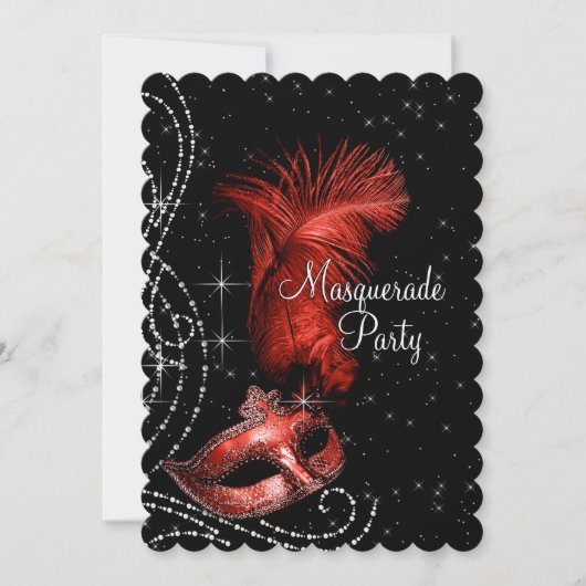 Elegant zwart en rood gemaskerd bal kaart (Voorkant)