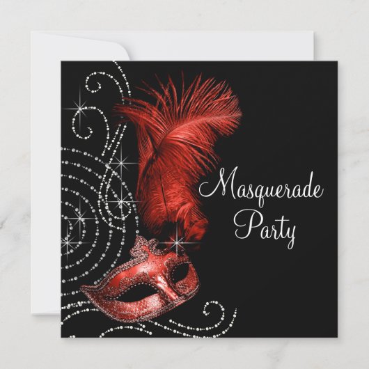 Elegant zwart en rood Masquerade Party Kaart (Voorkant)