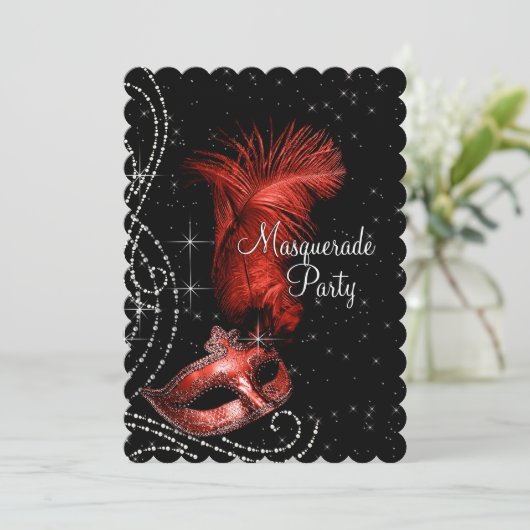 Elegant zwart en rood Masquerade Party Kaart (Staand voorkant)