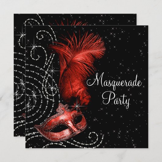 Elegant zwart en rood Masquerade Party Kaart (Voorkant / Achterkant)