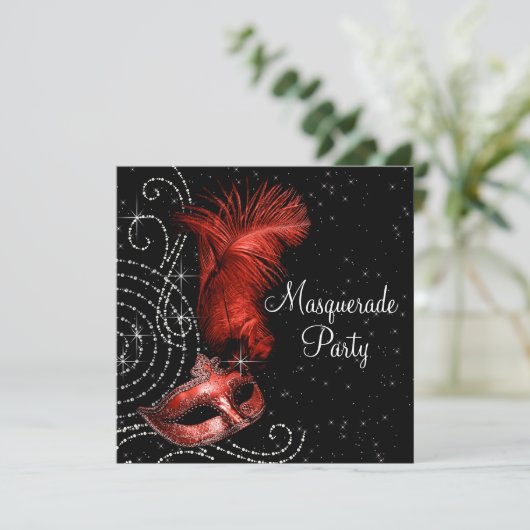 Elegant zwart en rood Masquerade Party Kaart (Staand voorkant)