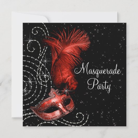 Elegant zwart en rood Masquerade Party Kaart (Voorkant)