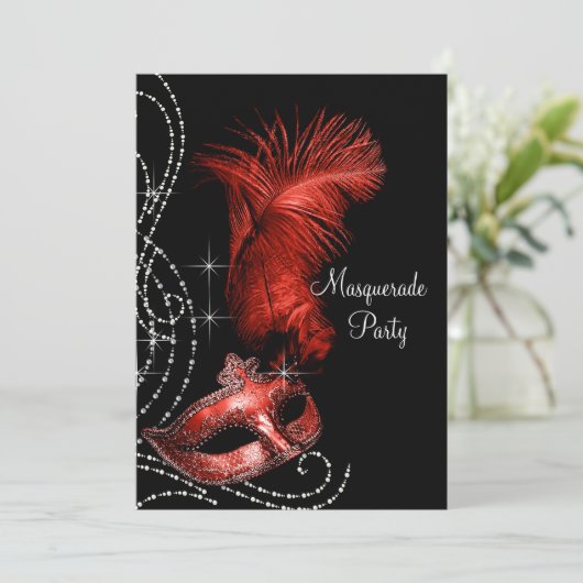 Elegant zwart en rood Masquerade Party Kaart (Staand voorkant)