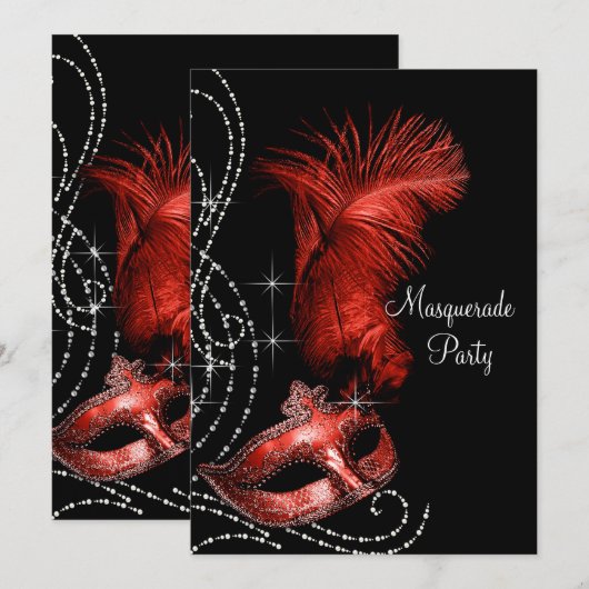 Elegant zwart en rood Masquerade Party Kaart (Voorkant / Achterkant)