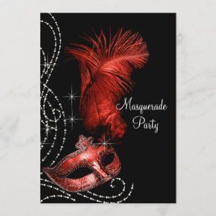 Elegant zwart en rood Masquerade Party Kaart