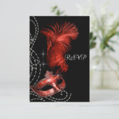Elegant zwart en rood Masquerade Party RSVP (Staand voorkant)