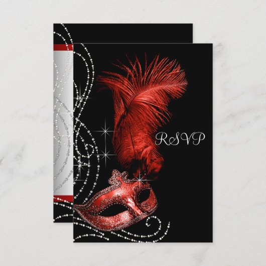 Elegant zwart en rood Masquerade Party RSVP (Voorkant / Achterkant)