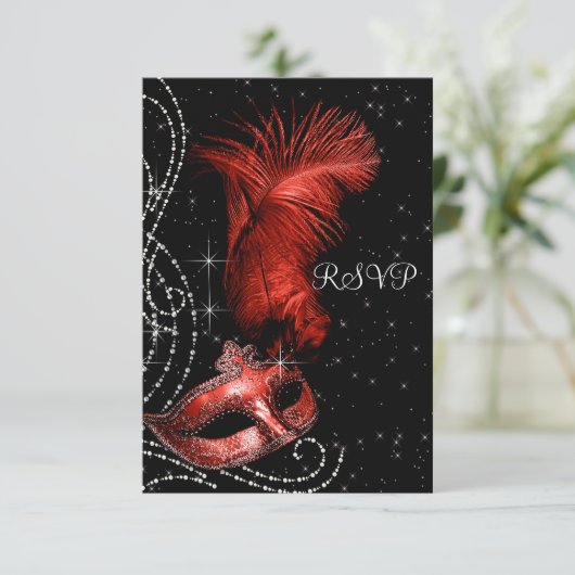 Elegant zwart en rood Masquerade Party RSVP (Staand voorkant)