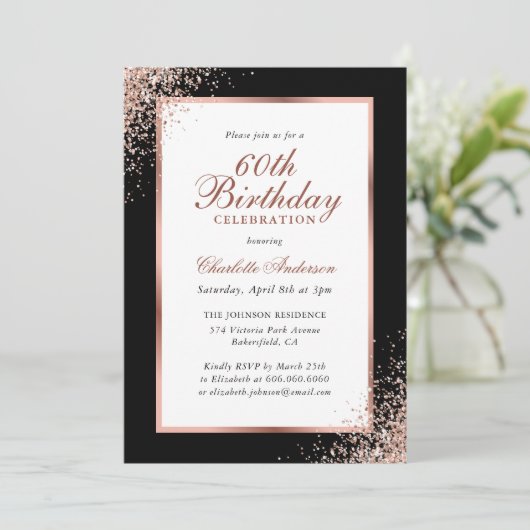 Elegant zwart en Roos gouden Confetti 60e verjaard Kaart (Staand voorkant)