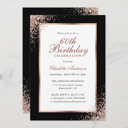 Elegant zwart en Roos gouden Confetti 60e verjaard Kaart (Voorkant / Achterkant)