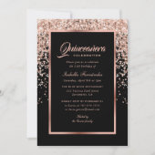 Elegant Zwart en Roos Gouden Confetti Quinceañera Kaart (Voorkant)