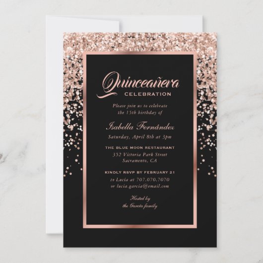 Elegant Zwart en Roos Gouden Confetti Quinceañera Kaart (Voorkant)