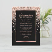 Elegant Zwart en Roos Gouden Confetti Quinceañera Kaart (Staand voorkant)