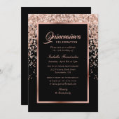 Elegant Zwart en Roos Gouden Confetti Quinceañera Kaart (Voorkant / Achterkant)