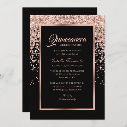 Elegant Zwart en Roos Gouden Confetti Quinceañera Kaart (Voorkant / Achterkant)