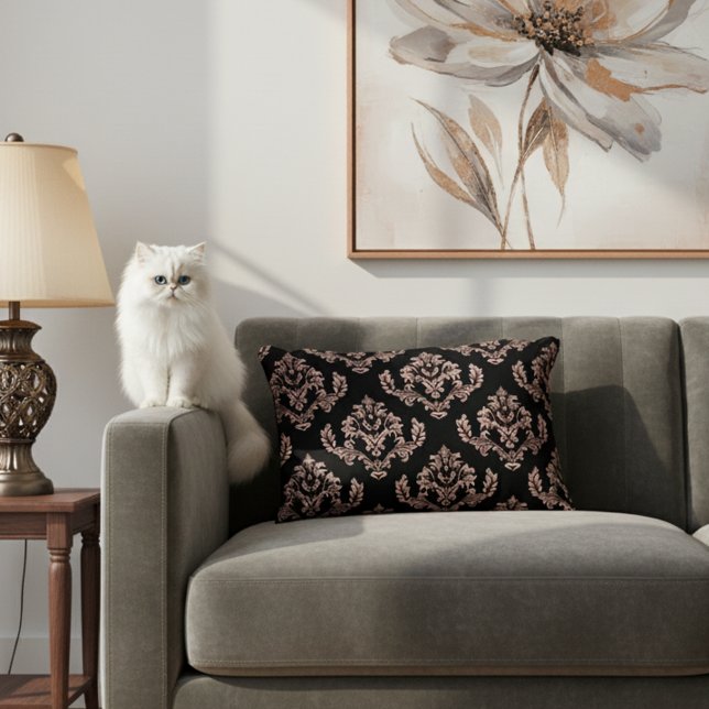 Elegant Zwart en Roos Gouden Damast Accent Kussen (Black and rose gold damask accent pillow.)