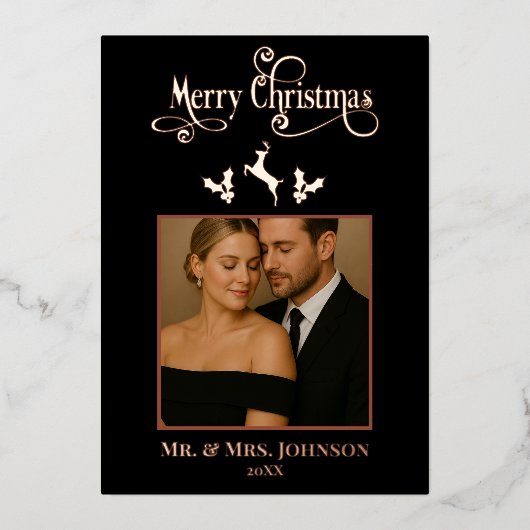 Elegant zwart en Roos gouden kerstfoto Folie Feestdagenkaart (Voorkant)
