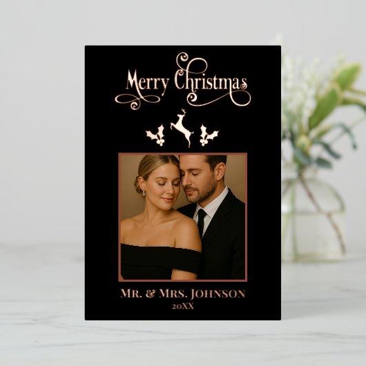 Elegant zwart en Roos gouden kerstfoto Folie Feestdagenkaart (Staand Voorkant)