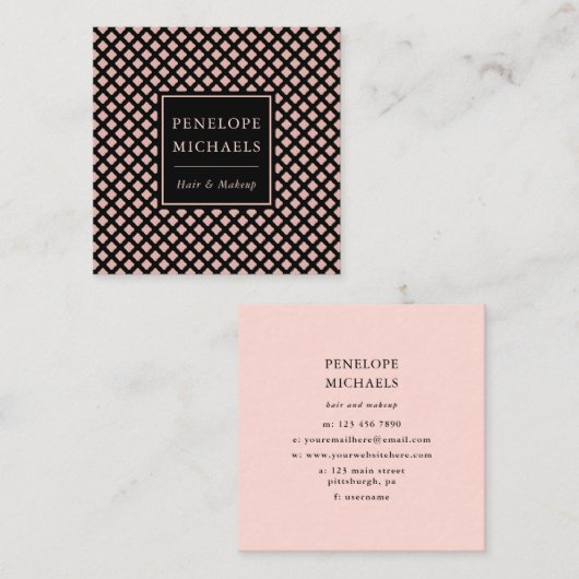 Elegant zwart en Roos trellis patroon Vierkante Visitekaartje (Voorkant / Achterkant)