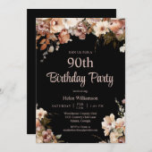Elegant Zwart en Roze Bloemen 90ste Verjaardag Kaart (Voorkant / Achterkant)