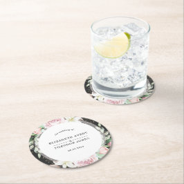 Elegant zwart en roze bloemenbruiloft ronde kartonnen onderzetter