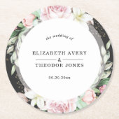 Elegant zwart en roze bloemenbruiloft ronde kartonnen onderzetter (Voorkant)
