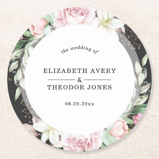 Elegant zwart en roze bloemenbruiloft ronde kartonnen onderzetter (Voorkant)