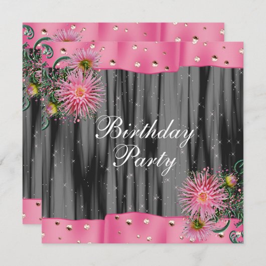 Elegant zwart en roze Dahlia verjaardagsfeestje Kaart (Voorkant / Achterkant)