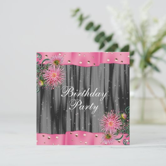 Elegant zwart en roze Dahlia verjaardagsfeestje Kaart (Staand voorkant)
