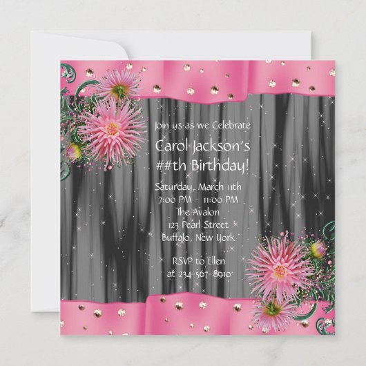 Elegant zwart en roze Dahlia verjaardagsfeestje Kaart (Achterkant)
