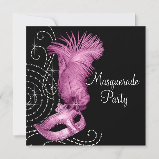 Elegant zwart en roze gemaskerd bal kaart (Voorkant)