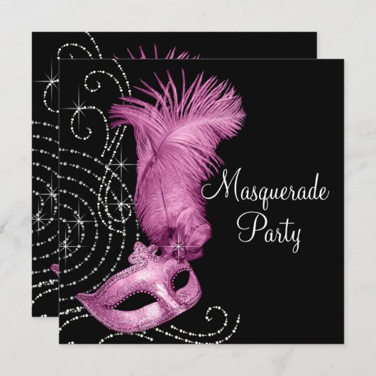 Elegant zwart en roze Masquerade Party Kaart (Voorkant / Achterkant)