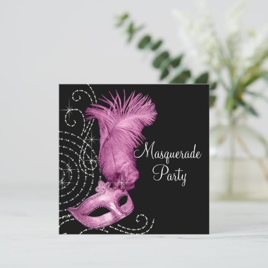 Elegant zwart en roze Masquerade Party Kaart (Staand voorkant)