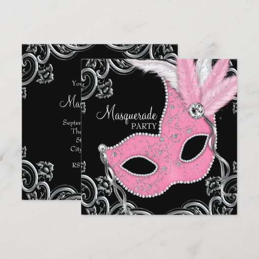 Elegant zwart en roze Masquerade Party Kaart (Voorkant / Achterkant)