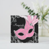 Elegant zwart en roze Masquerade Party Kaart (Staand voorkant)