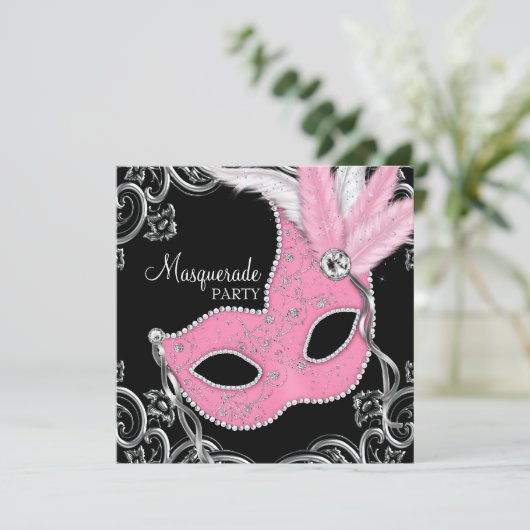 Elegant zwart en roze Masquerade Party Kaart (Staand voorkant)