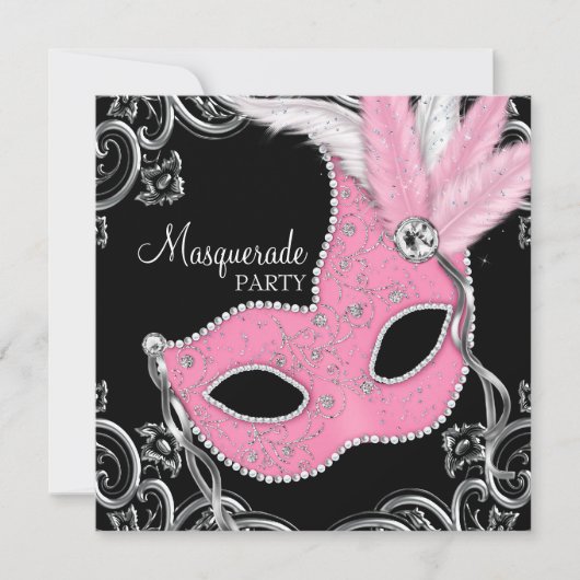 Elegant zwart en roze Masquerade Party Kaart (Voorkant)