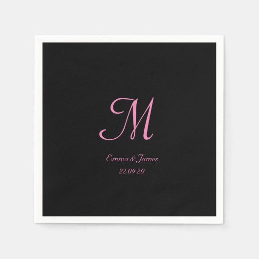 Elegant Zwart en Roze Monogram Bruiloft Servet (Voorkant)