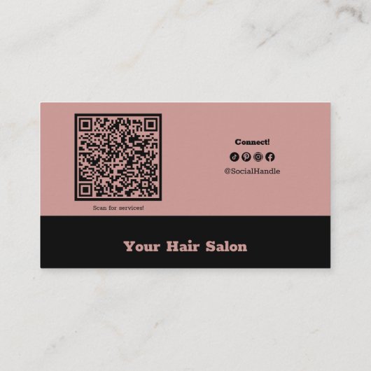 Elegant Zwart en Roze QR Code Hair Salon Medewerke Visitekaartje (Achterkant)