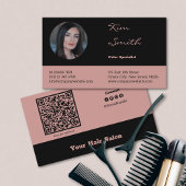 Elegant Zwart en Roze QR Code Hair Salon Medewerke Visitekaartje