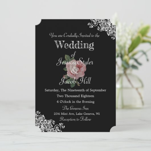 Elegant Zwart en Roze Roos Bruiloft Kaart (Staand voorkant)