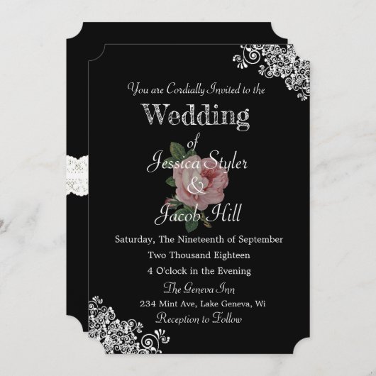 Elegant Zwart en Roze  Roos Bruiloft Kaart (Voorkant / Achterkant)