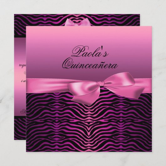 Elegant zwart en roze Zebra Quinceañera Uitnodigin Kaart (Voorkant / Achterkant)