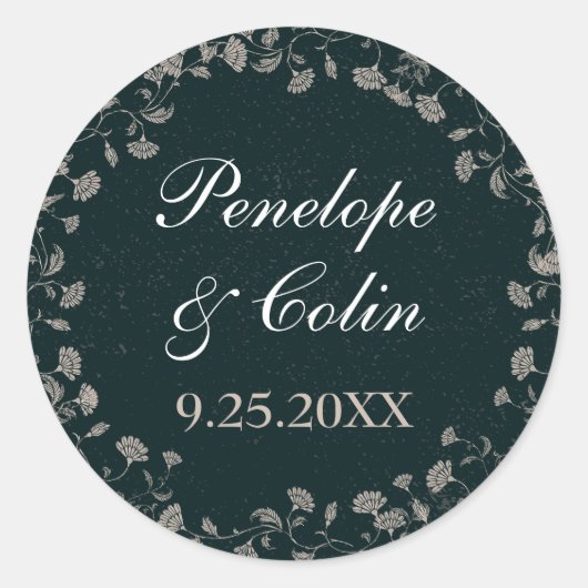 Elegant Zwart en Tan Bloemen Naam Datum Ronde Sticker (Voorkant)