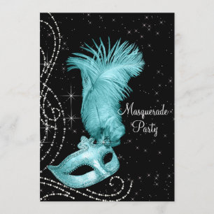 Elegant zwart en turkooisblauw maskeradefeest kaart