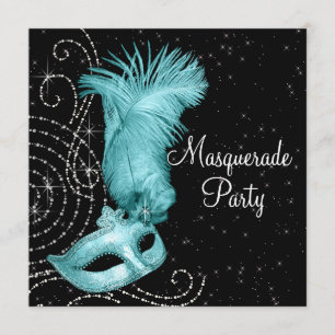 Elegant zwart en turquoise maskeradefeest kaart