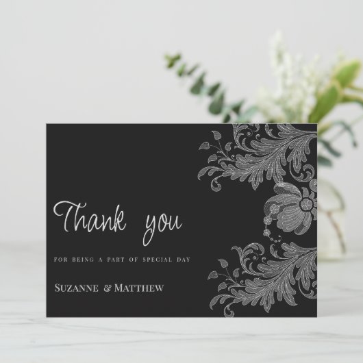 Elegant zwart en wit bloemenkant Dank U Kaart (Staand voorkant)