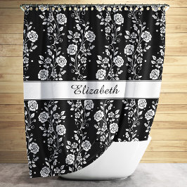Elegant Zwart En Wit Bloemmotief Douchegordijn